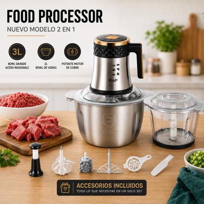 Picadora Eléctrica 3L PRO Doble Bowl + Kit – Cortá Todo en 10 Segundos ⚡