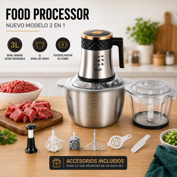 Picadora Eléctrica 3L PRO Doble Bowl + Kit – Cortá Todo en 10 Segundos ⚡
